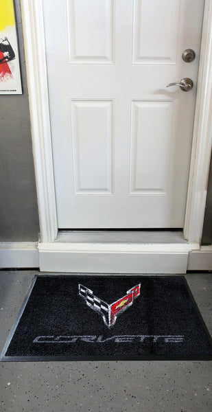 Corvette C8 Crossed Flags Floor Door Garage Mat, Black
