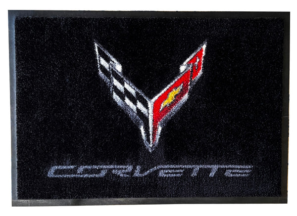 Corvette C8 Crossed Flags Floor Door Garage Mat, Black
