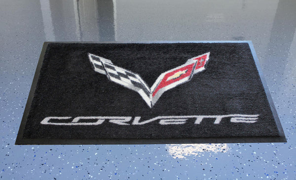 Corvette C7 Crossed Flags Floor Door Mat, Black