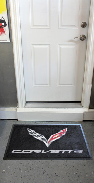 Corvette C7 Crossed Flags Floor Door Mat, Black