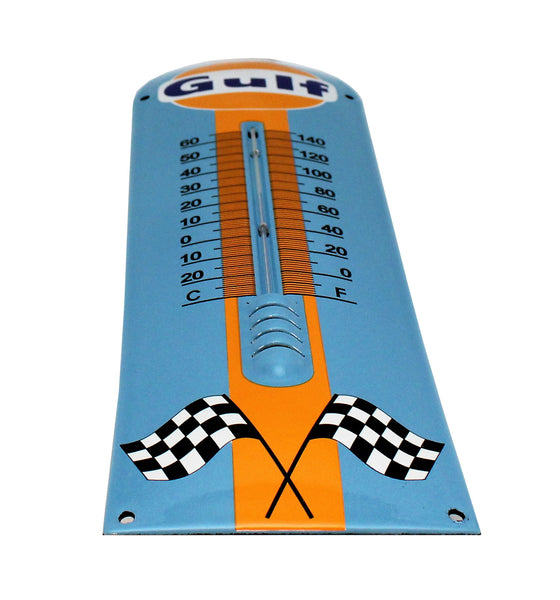 GULF Enamel Crossed Flags Thermometer Porcelain Sign