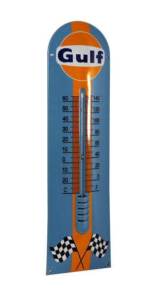 GULF Enamel Crossed Flags Thermometer Porcelain Sign