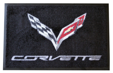 Corvette C7 Crossed Flags Floor Door Mat, Black