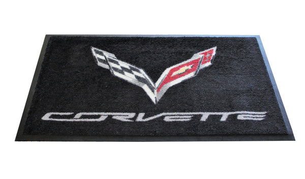 Corvette C7 Crossed Flags Floor Door Mat, Black